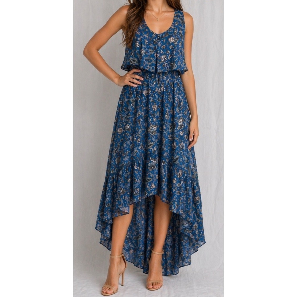 Boutique Womens 0X High Low Flowy Tiered Sleeveless Teal Lightweight Sundress